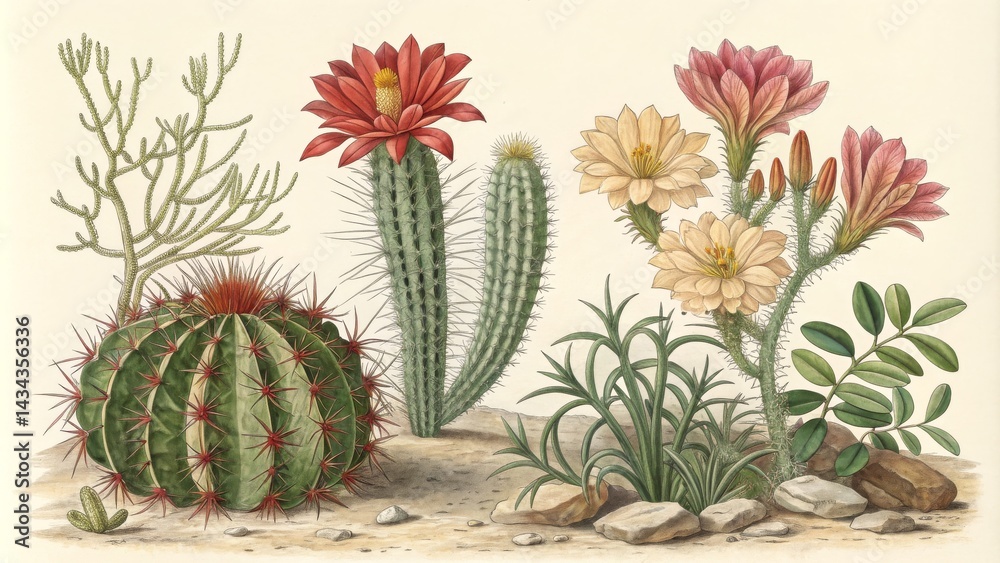 Obraz premium Botanical Cacti Study Spikes, Blooms and Desert Landscape, botanical, cactus