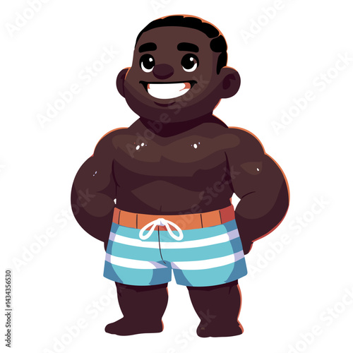 Happy cartoon boy stands confidently in beach shorts  on transparent background