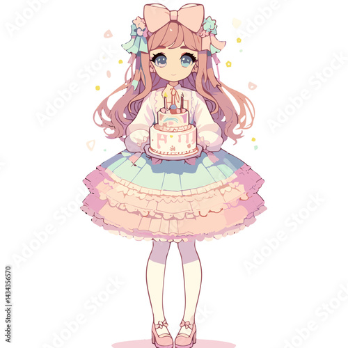 Cute girl celebrating with a birthday cake in pastel colors  on transparent background