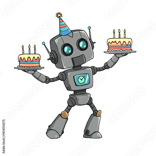 Cheerful robot celebrating with birthday cakes  on transparent background