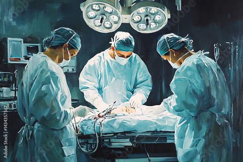 Medical team performing surgery in sterile operating room under bright surgical lights, doctors in scrubs and masks focused on critical procedure, modern hospital healthcare and emergency treatment sc photo