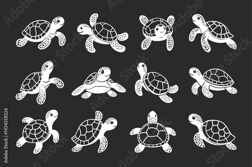 Set of сute baby turtle cartoon on black background