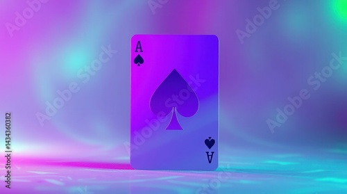 Iridescent Ace of Spades Playing Card with Purple Glow on Neon Background