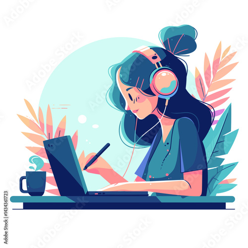Girl with headphones studying at laptop
