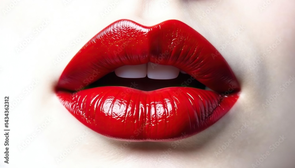 Close-up of perfectly shaped red lips against a stark white backdrop, fashion, color Close-up of perfectly shaped red lips against a stark white backdrop, fashion, color