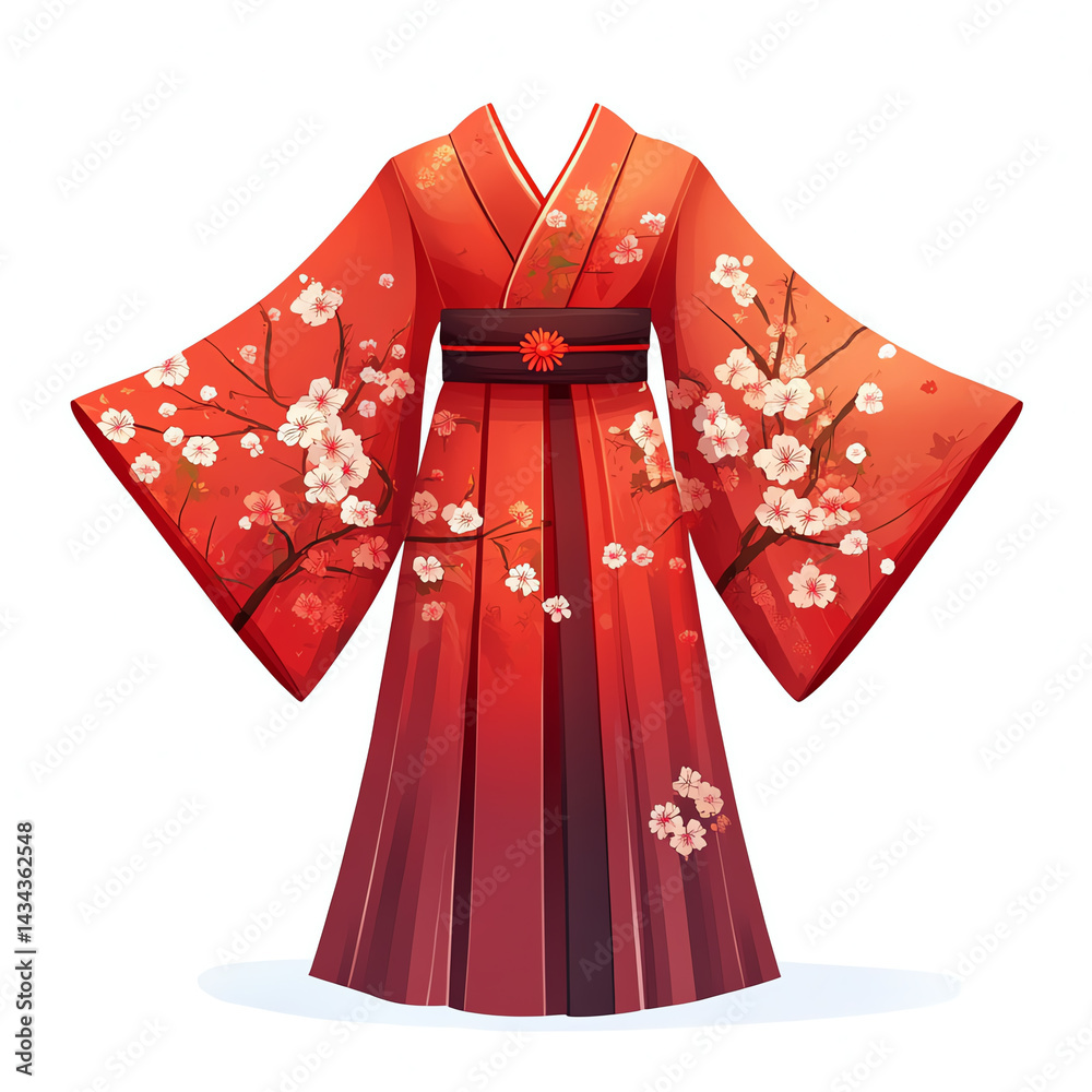A vibrant red kimono adorned with delicate cherry blossom patterns, representing traditional Japanese fashion and cultural heritage. A vibrant red kimono adorned with delicate cherry blossom patterns, representing traditional Japanese fashion and cultural heritage.