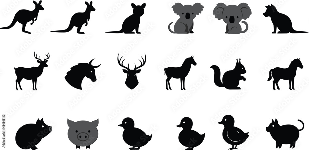 Obraz premium A black vector set of animal silhouettes features a cat, dog, bird, and rabbit illustration AI Generative