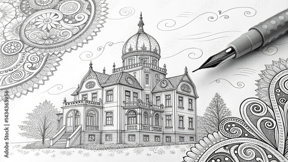 Obraz premium Detailed Ink Drawing Ornate Mansion with Mandala and Pen, Line Art, Coloring Book