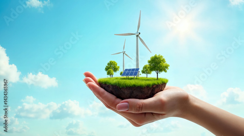 Green energy ecosystem in hand with wind turbines, solar panel, trees and grass on floating land. Surrealistic collage. Use for sustainability ads, eco blogs, banners, and educational materials.