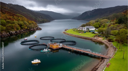 Aquaculture facility on a calm, scenic loch surrounded by forested hills