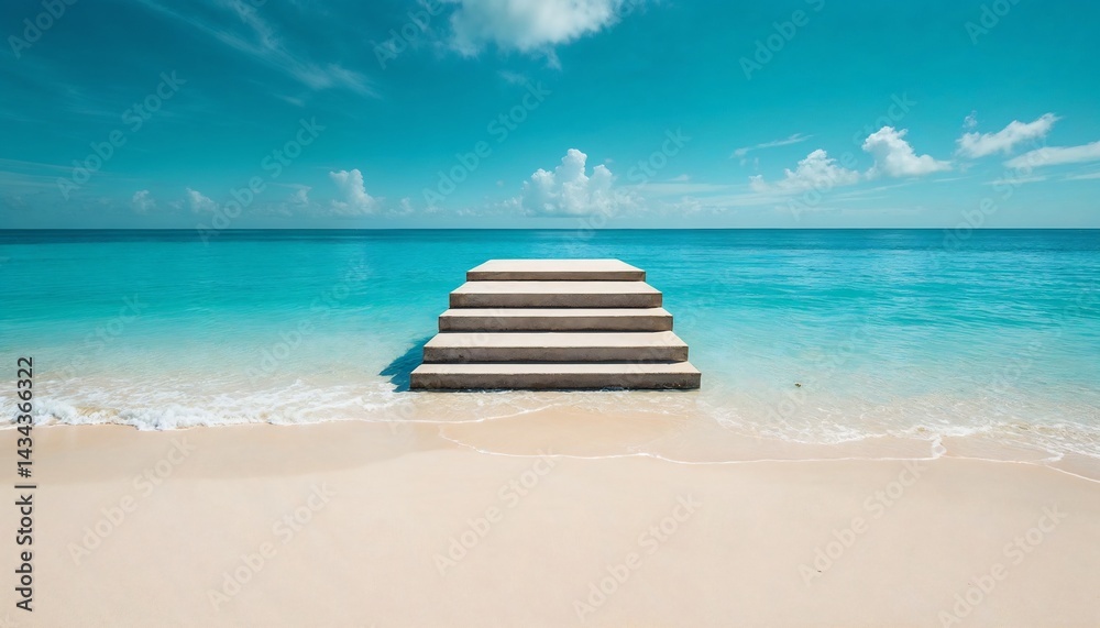 Obraz premium Stairway to Tranquility: Stone steps lead into a pristine, turquoise ocean, under a bright, cloudless sky, inviting exploration and serenity.