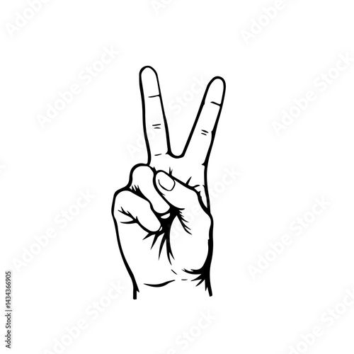 Hand gesture with two fingers raised in a victory sign, against white, with copy space