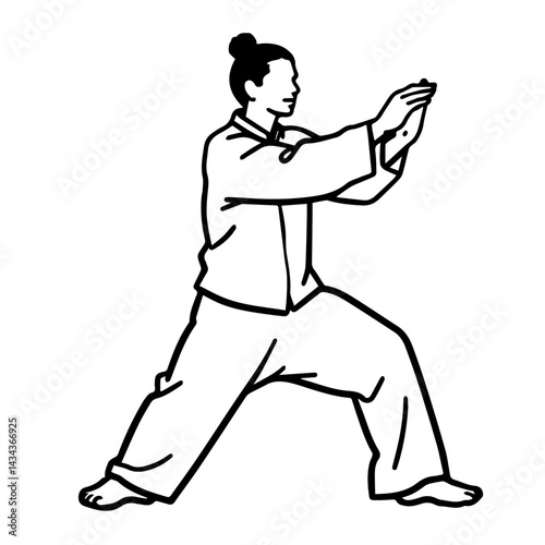 Person performing Tai chi move in line art, for martial arts concept