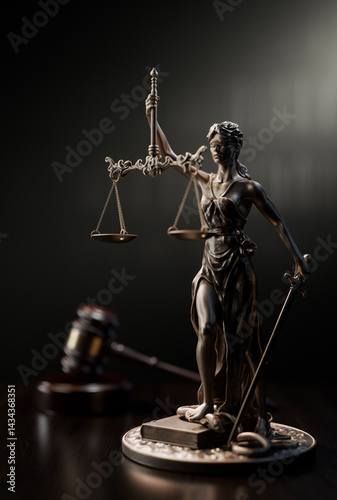 Legal Concept: Themis is the goddess of justice and the judge's gavel hammer as a symbol of law and order on the background of books