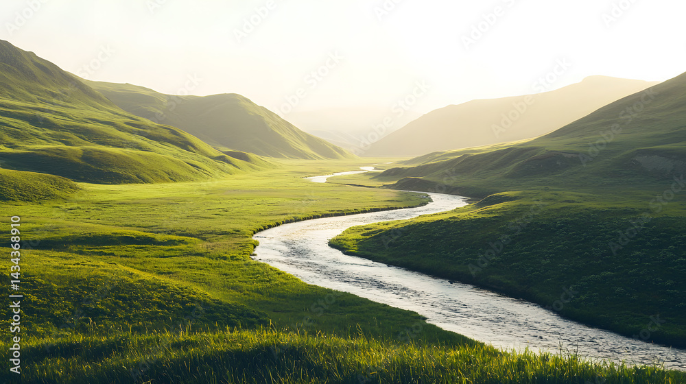 Fototapeta premium Serene River Valley: A captivating view of a river snaking its way through a verdant valley, cradled by rolling hills. Sunlight bathes the landscape.