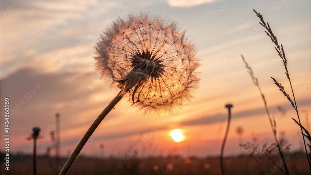 Fototapeta premium Golden Dandelion Sunset, backlit, close up, soft, gentle ,nature, seedhead