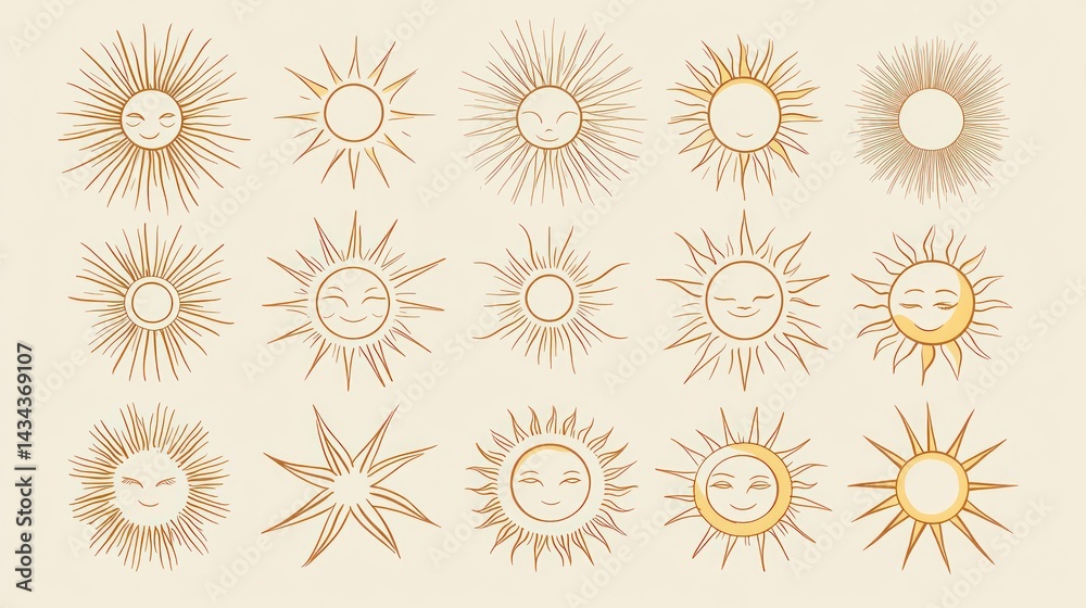 Smiling sun illustrations, design elements, beige background, graphic design Smiling sun illustrations, design elements, beige background, graphic design