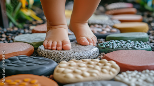 Sensory Baby toddler experience. Feet are shown stepping on a colorful pebble path in a garden, representing sensory exploration and early childhood development. Image made using Generative AI.