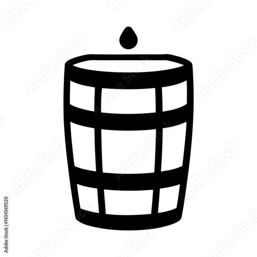 Stylized graphic of a wooden barrel witha single drop of liquid over it on a transparent background