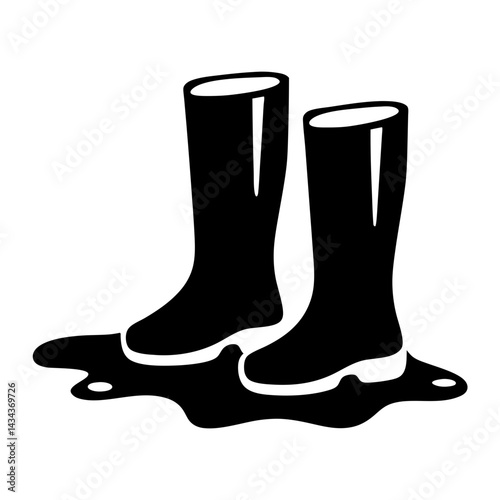 A pair of black Wellington boots standing in a puddle,represented as a black and illustration on a transparent background