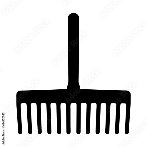 Silhouette of a Garden Rake Tool withHandle and Multiple Tines for Yard Work on a transparent background