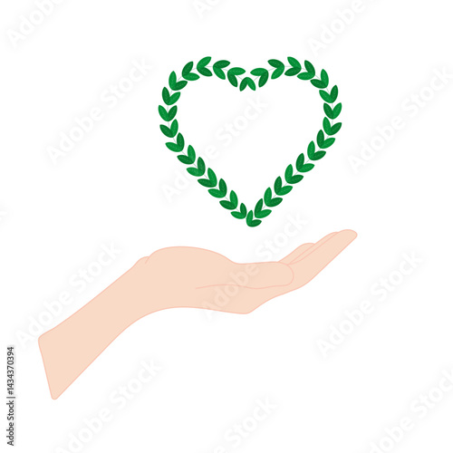 Open Hand Holding a Green Laurel Heart Symbolizing Nature Care and Love