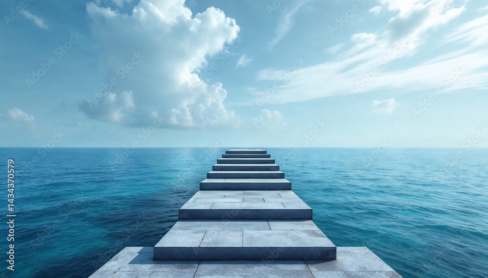 Fototapeta premium Journey to the Horizon: A stone walkway extends into the infinite expanse of the ocean, under a sky of gentle clouds. Explore the concepts of possibility, aspiration.