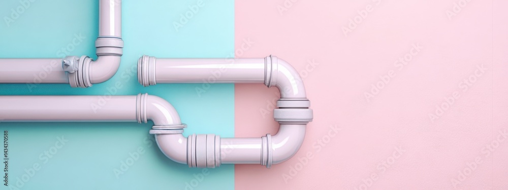 White plumbing pipes arranged creatively against a colorful pastel backdrop in a modern and artistic setting