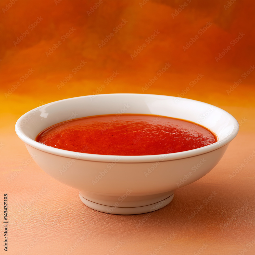 Vibrant bright red sauce generously fills a clean, crisp white bowl, sitting proudly against a warm, inviting orange background that gradates from a deep burnt orange at the top Vibrant bright red sauce generously fills a clean, crisp white bowl, sitting proudly against a warm, inviting orange background that gradates from a deep burnt orange at the top