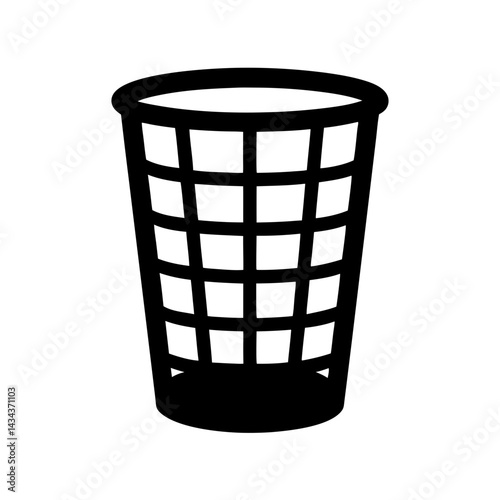 A black vector image of a trashcan or wastepaper basket with a woven design on a transparent background