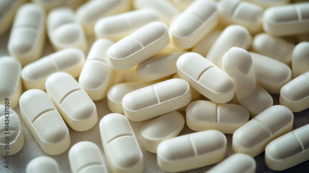 A pile of white pills on a table A pile of white pills on a table