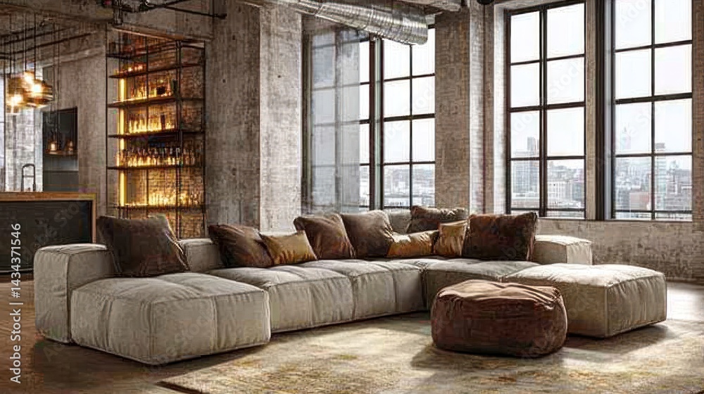 Obraz premium Modern sectional sofa in loft apartment, city view
