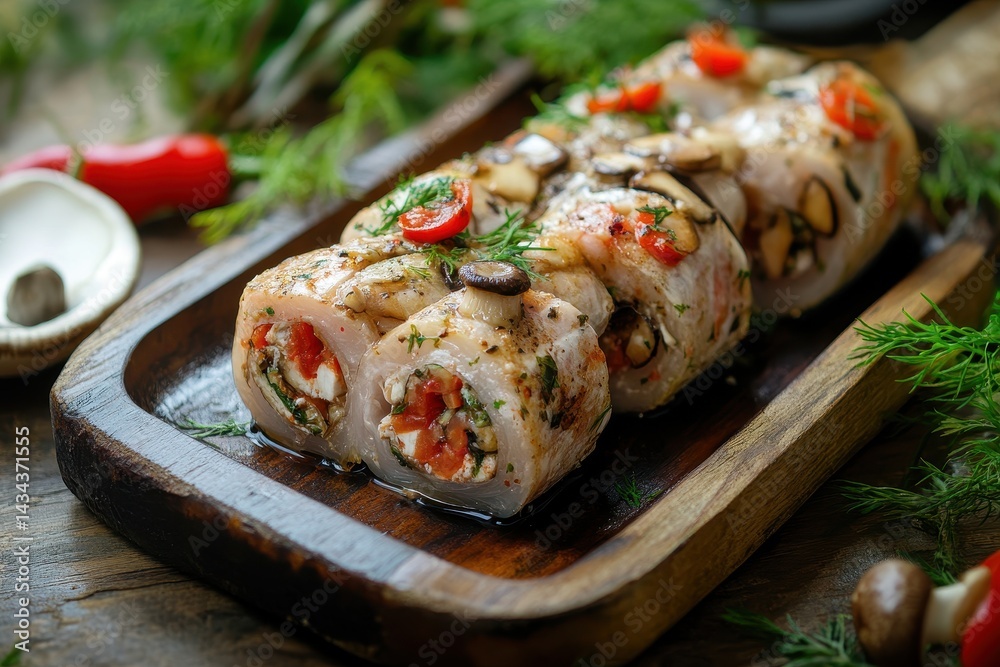 Classic Polish marinated herring rolls with mushrooms and vegetables perfect for food enthusiasts