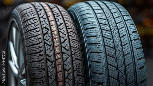 Two tires showing different tread patterns, up close