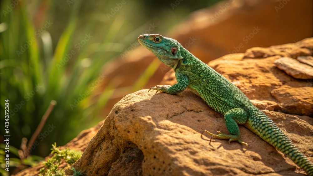 Fototapeta premium Green Lizard on Rock, full body, sunny, wildlife, nature ,reptile