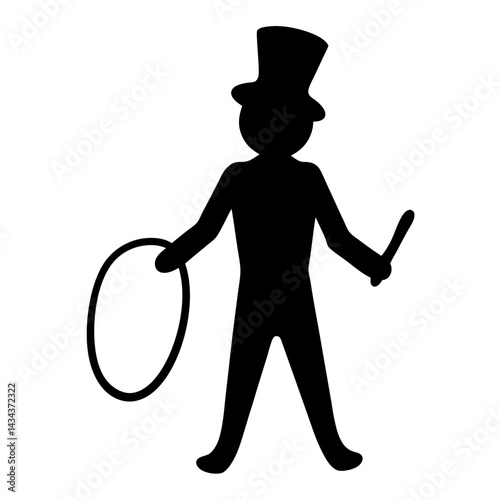 Silhouette of a circus ringmaster figure with a top hat,holding a whip and loop on a transparent background