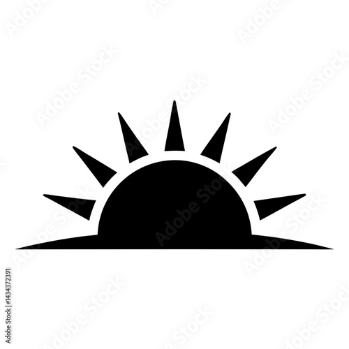 Minimalist Rising Sun Illustration with Sharp Raysand Symmetrical Design in Black and on a transparent background