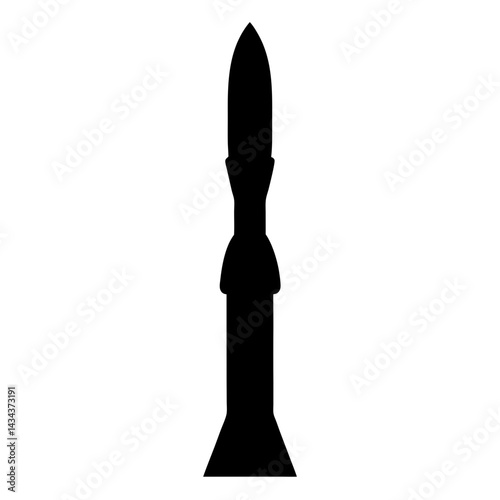 Silhouette of a missile or rocket with itsnozzle base and pointed warhead in black against on a transparent background