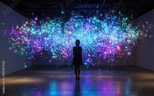 Silhouette figure in front of vibrant light installation