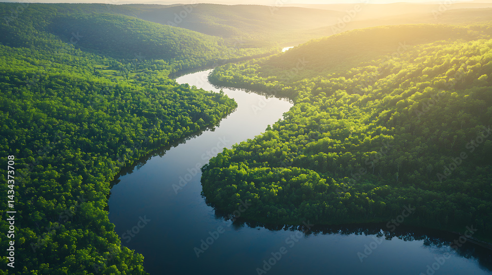 Fototapeta premium Serene River Vista: An aerial view unveils a meandering river carving its path through a vibrant green forest, a breathtaking scene of natural beauty.