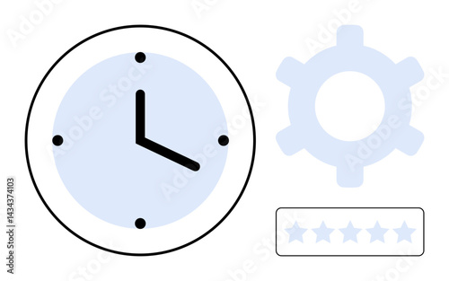 Analog clock with bold hands, gear icon, and 5-star rating bar. Ideal for time tracking, productivity, efficiency, goals evaluation, scheduling, workflow flat simple metaphor
