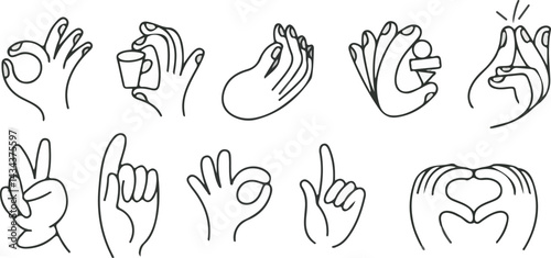 Outline linear illustration logo, modern art prints, colorful pattern hand drawn hand holding, gesture in minimal modern art style vector