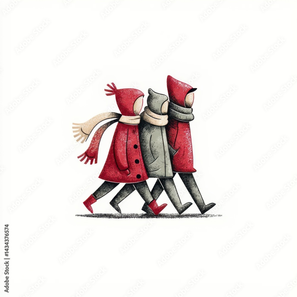 Obraz premium Three children walking in winter attire through a snowy landscape on a chilly day
