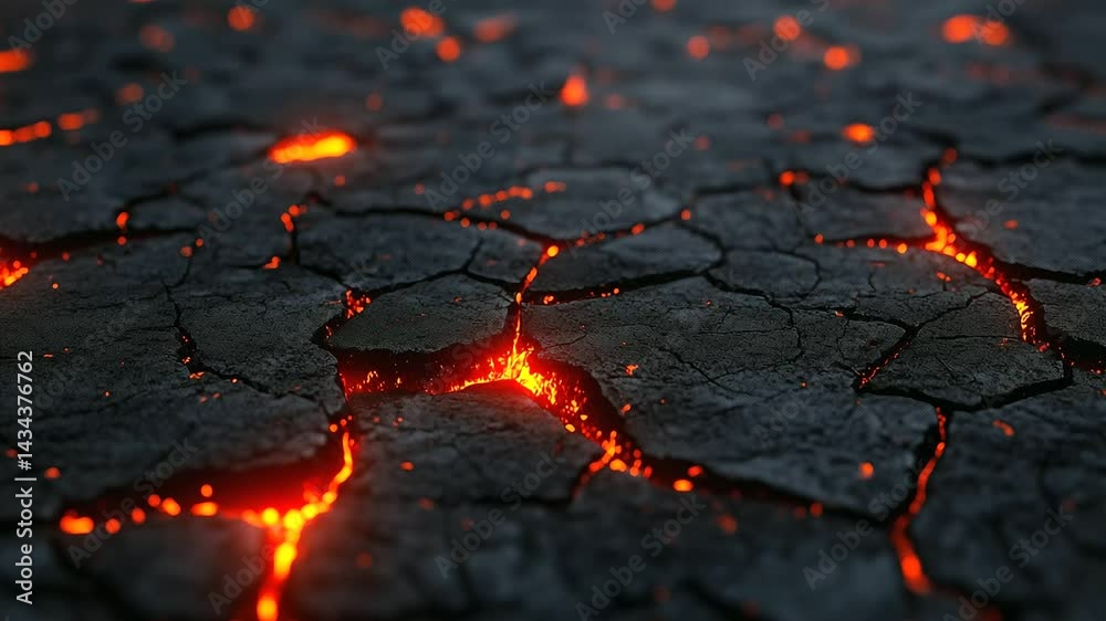 Rough black lava stone cracked open with glowing red magma gaps ...