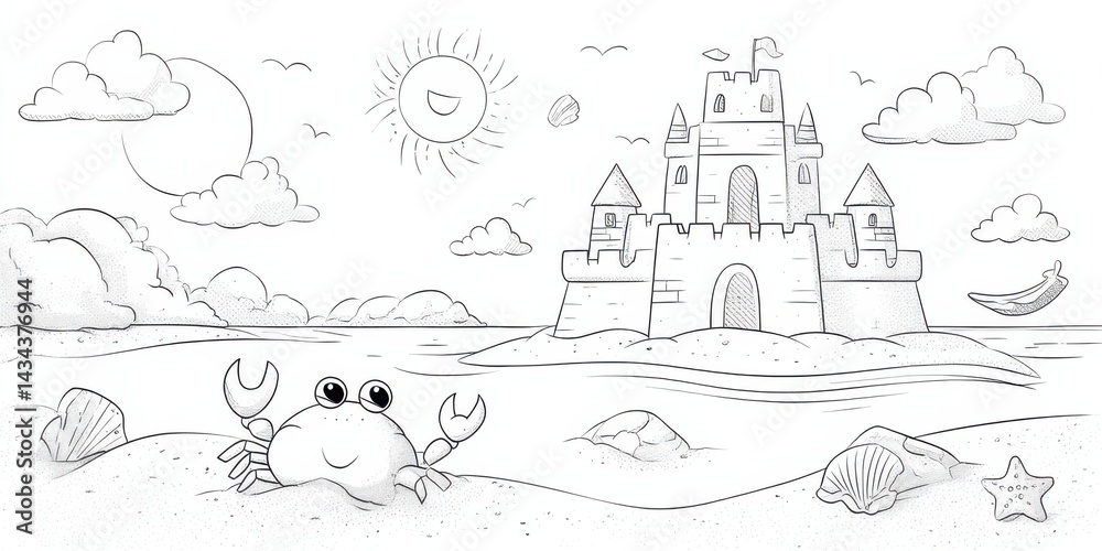Obraz premium Crab and sandcastle by the beach on a sunny day with clouds and ocean waves