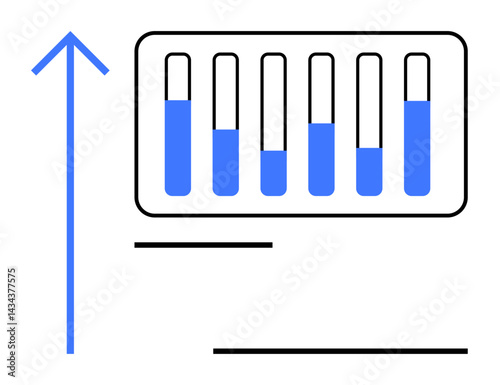 Vertical arrow and test tubes partially filled with liquid showcase growth and data analysis. Ideal for science, research, progress, medical technology, health innovation, productivity, simple