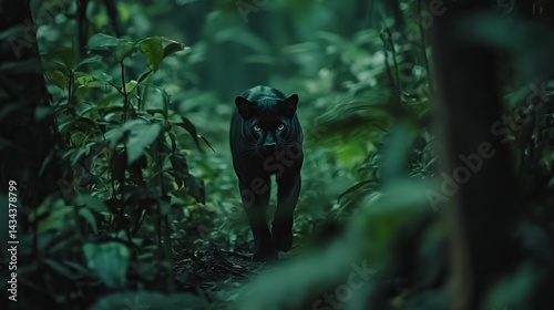 A majestic black panther prowls through a dense, green jungle, its piercing eyes glimmering in the dappled light.
