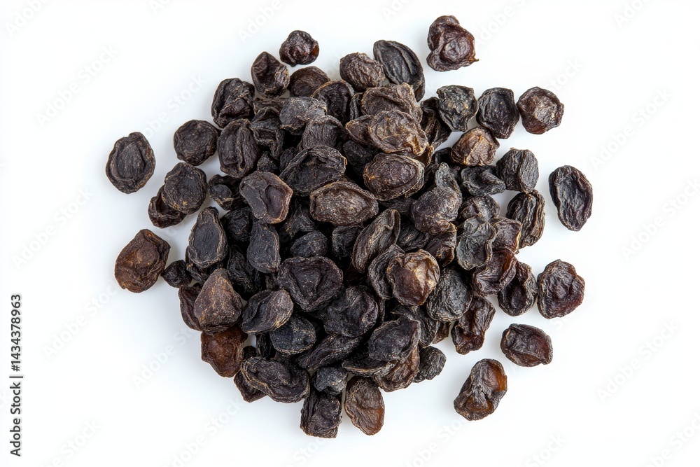 Dehydrated goji berries on white backdrop overhead view Dehydrated goji berries on white backdrop overhead view