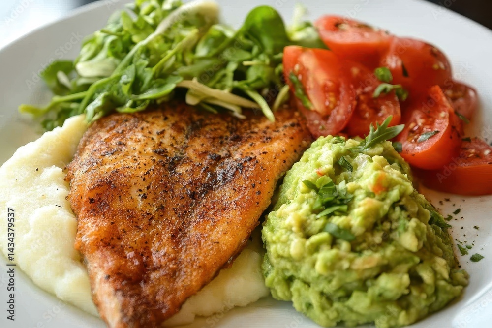 Delicious fried trout with mashed potatoes guacamole tomatoes and greens on a dish Delicious fried trout with mashed potatoes guacamole tomatoes and greens on a dish