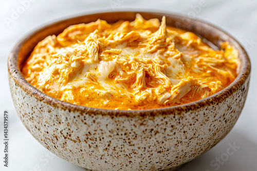 Close-Up Bowl Filled Creamy Buffalo Chicken Dip. Dip Is Vibrant Orange Color Topped Melted Cheese. Rustic Textured, Adding Overall Appeal Dish. photo